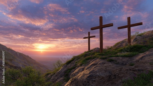 Three crosses on a rocky hill at sunrise crucifixion