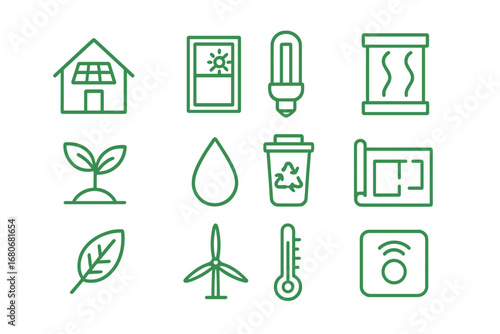 Green Building Icons. Outline icon set of green building design: house with solar panels, energy-efficient