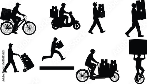 Delivery workers silhouette set showing cycling, walking, running, and carrying boxes, showcasing diverse courier methods and transportation modes
