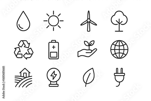 Renewable Resource Icons. Outline icon set of renewable resource management: water droplet, sun, wind turbine,