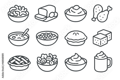 Comfort Food Icons Grid. Outline icon set of comfort food dishes: mac and cheese, meatloaf, mashed potatoes,