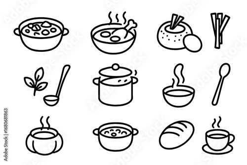 Seasonal Soup Icons. Outline icon set of seasonal soups and stews: vegetable stew, chicken soup, bread bowl,