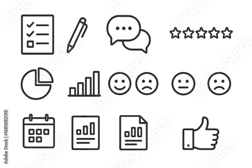 Survey Icons Grid. Outline icon set of survey responses: checklist, pen, speech bubbles, star rating, pie