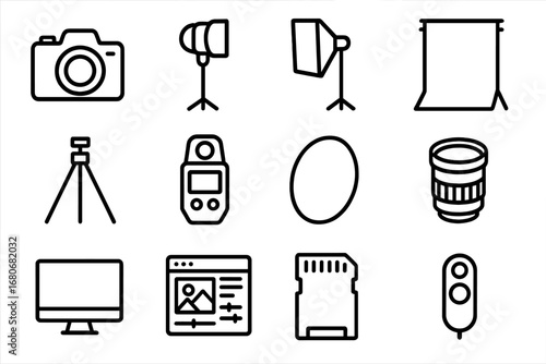 Photography Equipment Icons. Outline icon set of studio photography: camera, studio light, softbox, backdrop,
