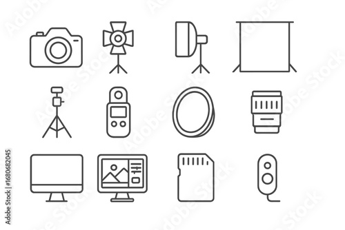 Photography Equipment Icons. Outline icon set of studio photography: camera, studio light, softbox, backdrop,