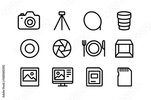Food Photography Icons. Outline icon set of food photography: camera, tripod, reflector, lens, aperture,