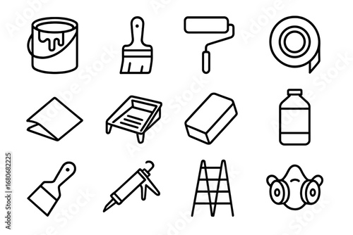 Painting Essentials Icons. Outline icon set of paint and finishing materials: paint cans, brushes, rollers,