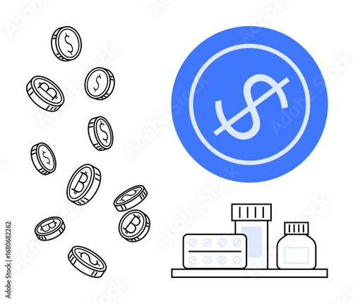 Coins falling alongside a blue circle with a dollar sign and medical supplies thumbs up pills and bottles. Ideal for health economics, finances, budgeting, medication, cost analysis, investment