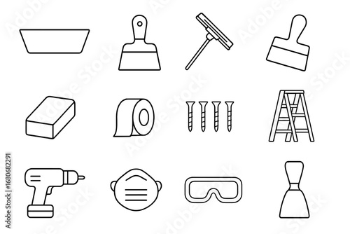 Drywall Tools Icons. Outline icon set of drywall finishing tools: mud pan, drywall knife, sanding pole, corner