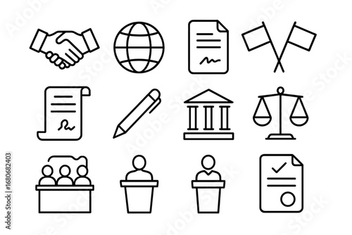 Treaty Icons Grid. Outline icon set of international treaties and agreements: handshake, globe, signed