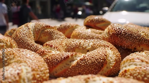 Close-up of many sesame bagels in a pile