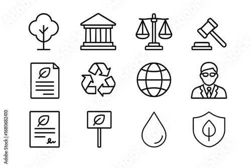 Environmental Law Icons. Outline icon set of environmental law and regulations: tree, courthouse, scales,