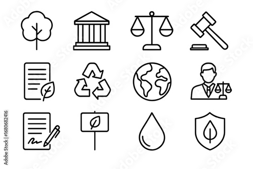 Environmental Law Icons. Outline icon set of environmental law and regulations: tree, courthouse, scales,