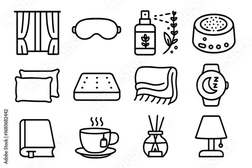 Sleep Sanctuary Icons. Outline icon set of sleep sanctuary essentials: blackout curtains, eye mask, lavender