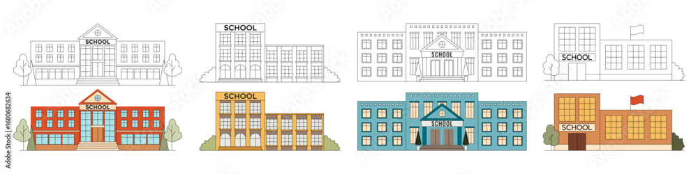 Fototapeta premium Set of School buildings. Various school buildings. Black and white outline and color vector illustrations of school exterior. Educational icons, logos