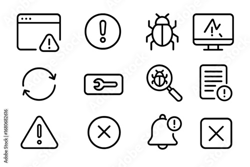 System Error Icon Set. Outline icon set of system error alerts: pop-up window, exclamation mark, bug symbol,