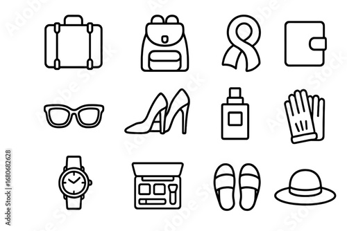 Luxury Travel Icon Set. Outline icon set of luxury travel accessories collection: leather suitcase, designer