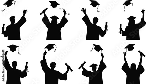 Graduation celebration with cartoon students holding diplomas, throwing caps, achieving academic success, joyful moments, higher education, school ceremony, proud graduates