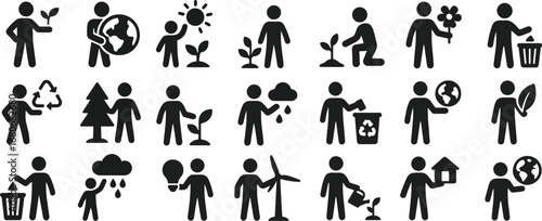 Eco friendly lifestyle icons promoting sustainability, protecting earth, and environmental awareness initiatives