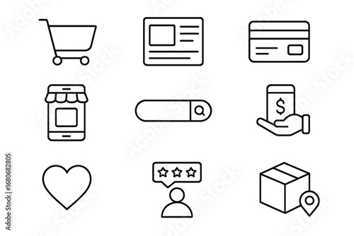 E-commerce Icon Set. Outline icon set of e-commerce platform: shopping cart, product listing, credit card,