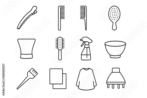 Hairdressing Icon Set. Outline icon set of hairdressing accessories: hair sectioning clip, cutting comb, tail