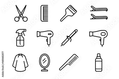 Hairstylist Essentials Icons. Outline icon set of hairstylist essentials: scissors, comb, brush, clips, spray