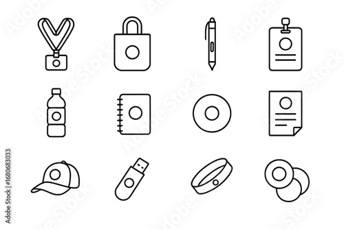 Event Giveaway Icons. Outline icon set of event giveaways: branded lanyard, tote bag, pen, badge, water bottle