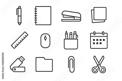 Office Supplies Icons. Outline icon set of branded office supplies: pen, notebook, stapler, sticky notes,