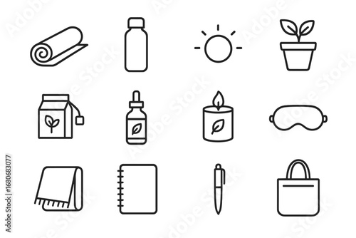 Wellness Corporate Gift Icons. Outline icon set of wellness corporate gifts: yoga mat, water bottle, stress