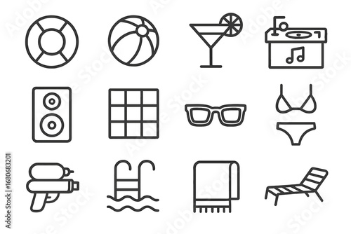 Pool Party Icons. Outline icon set of pool party: inflatable ring, beach ball, cocktail glass, DJ booth,