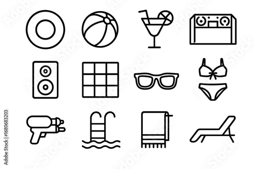 Pool Party Icons. Outline icon set of pool party: inflatable ring, beach ball, cocktail glass, DJ booth,