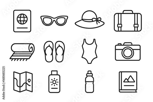 Travel Essentials Icons. Outline icon set of travel summer essentials: passport, sunglasses, sun hat, travel