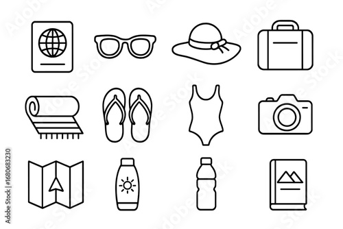 Travel Essentials Icons. Outline icon set of travel summer essentials: passport, sunglasses, sun hat, travel