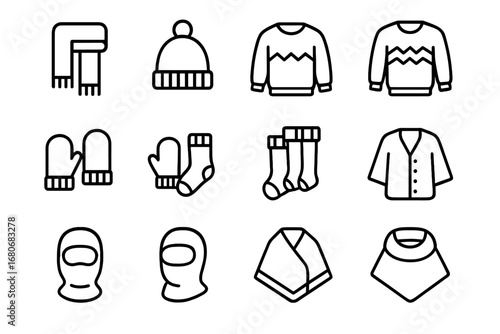 Winter Knitwear Icons. Outline icon set of winter knitwear: thick scarf, pom-pom hat, patterned sweater,