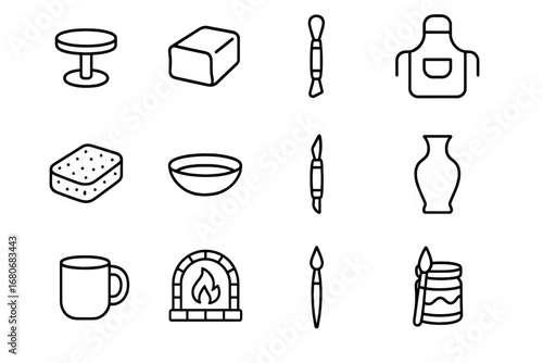 Pottery Tools Icons. Outline icon set of pottery night: pottery wheel, clay block, sculpting tool, apron,