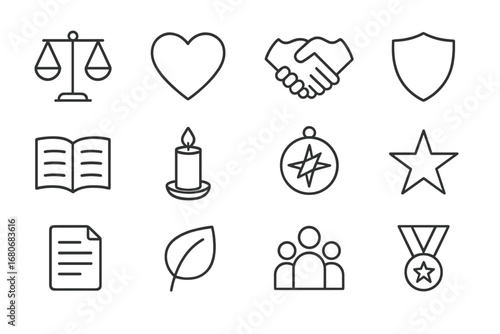 Values and Ethics Icons. Outline icon set of values and ethics: balance scale, heart, handshake, shield, open