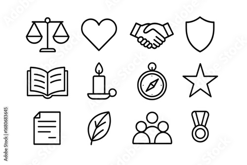 Values and Ethics Icons. Outline icon set of values and ethics: balance scale, heart, handshake, shield, open