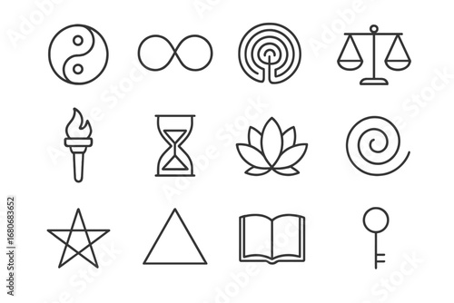 Philosophical Icon Set. Outline icon set of philosophical symbols: yin yang, infinity symbol, labyrinth,