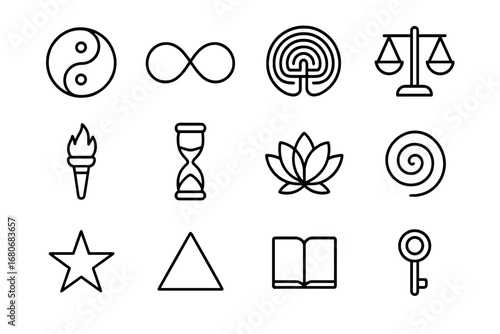 Philosophical Icon Set. Outline icon set of philosophical symbols: yin yang, infinity symbol, labyrinth,
