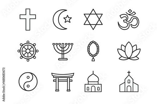 World Religions Icons. Outline icon set of world religions: cross, crescent moon, star of David, om symbol,