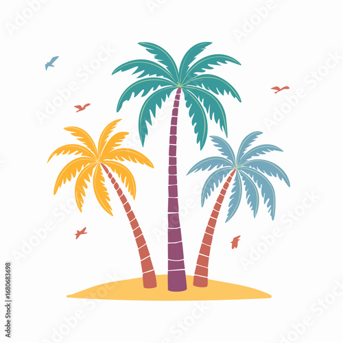 Colorful stylized hand drawn palm tree. Set tropical coconut trees, vintage miami palms illustration