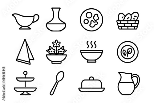 Dinner Party Icons. Outline icon set of dinner party essentials: gravy boat, wine decanter, appetizer plate,