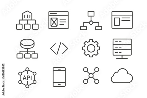 System Design Icon Set. Outline icon set of system design: architecture diagram, wireframe, flowchart, UI
