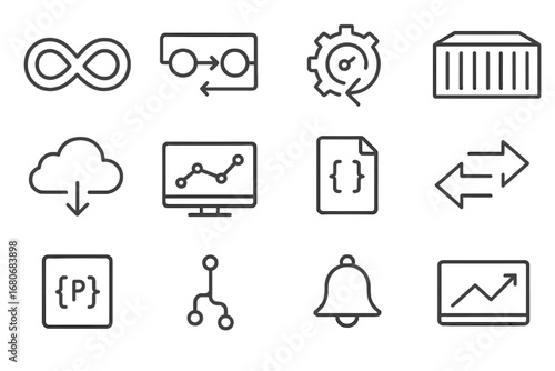 DevOps Icons Overview. Outline icon set of DevOps practices: infinity loop, CI/CD pipeline, automation gear,