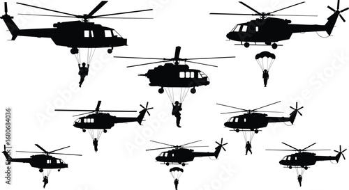 Military helicopter silhouettes, soldier parachuting vector, rappelling from helicopter, special forces clipart, tactical aircraft operation, black army aviation icons