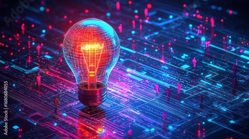 Glowing idea bulb on circuit board, network, innovation