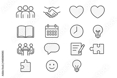 Support Group Icon Set. Outline icon set of support groups: multiple people, handshake, heart icon, open book,
