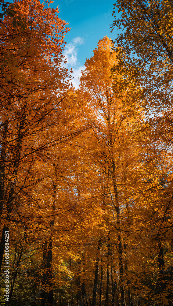 Fototapeta premium Vibrant golden autumn forest canopy against bright blue sky fall trees
