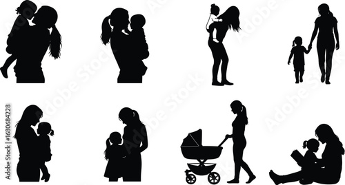 Mother and child silhouette set, family love vector, parenting moments illustration, mom with kids clipart, black emotional artwork