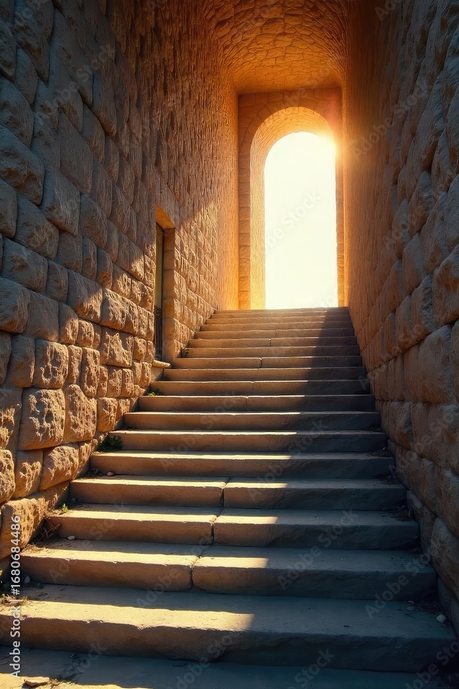 Obraz premium A long, winding staircase ascends towards a bright, sunlit opening, suggesting progress and ambition The stone steps are worn, hinting at time and journey , ambition, geometric, detail